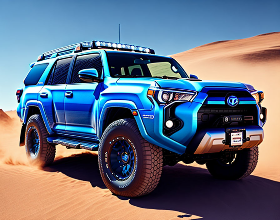 Blue Off-Road SUV with Roof Rack and Lights in Desert Setting