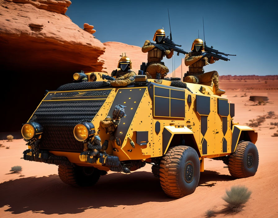 Camouflaged Military Armored Vehicle in Desert with Soldiers and Mounted Weapons