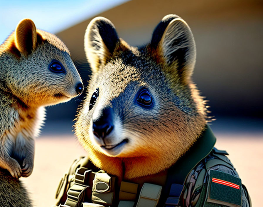 Two animated squirrels in military vest interacting on soft-focus background