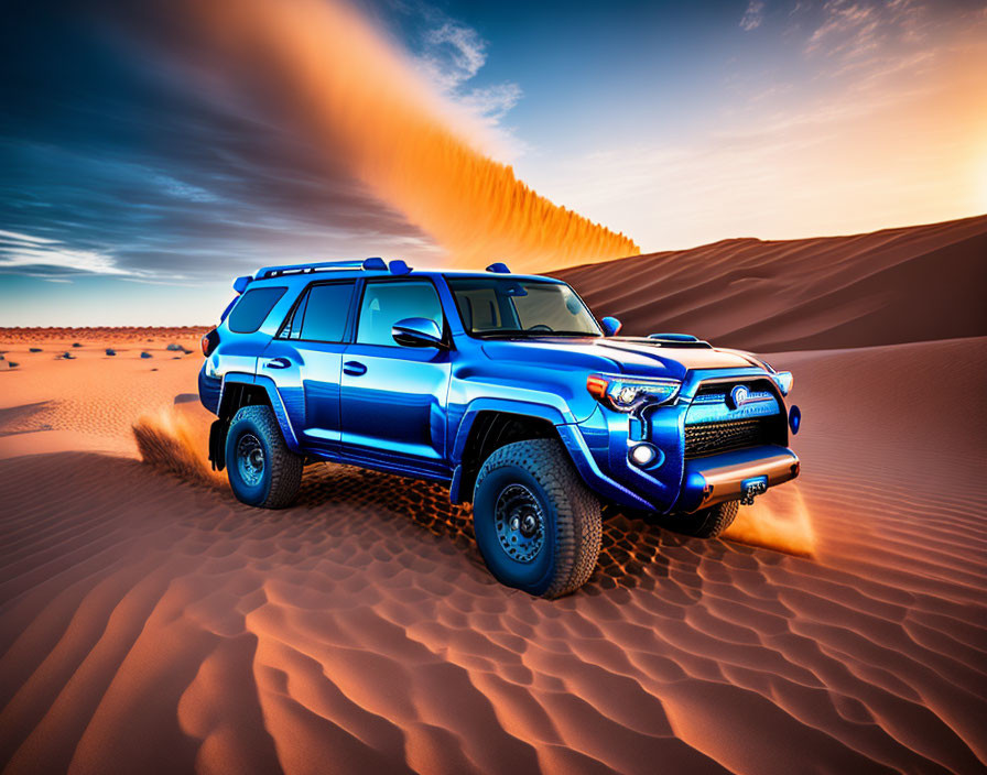 Blue SUV driving on desert dunes at sunset with sand trails and vibrant sky