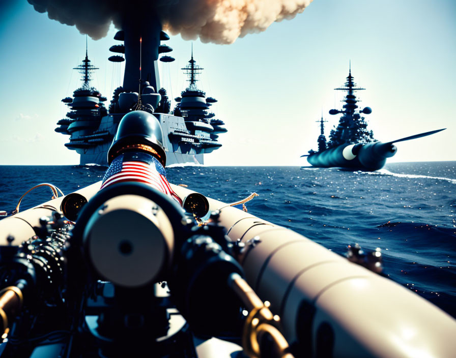 Naval battleships launching missiles at sea under clear skies and calm waters.