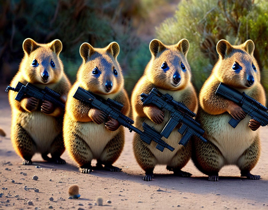 Four animated quokkas with assault rifles in nature.