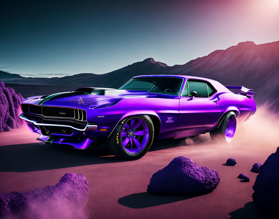 Purple classic muscle car with large wheels in desert landscape under purple sky