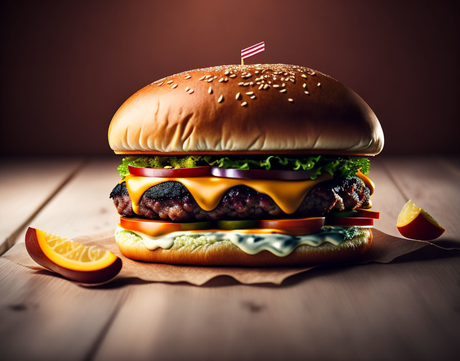 Classic Cheeseburger with Beef Patty, Lettuce, Cheese, Tomato, Flag, and Tomato Slice