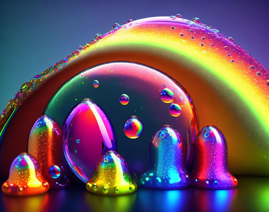 Colorful Rainbow Arc with Water Droplets and Bubble-like Structures on Gradient Background