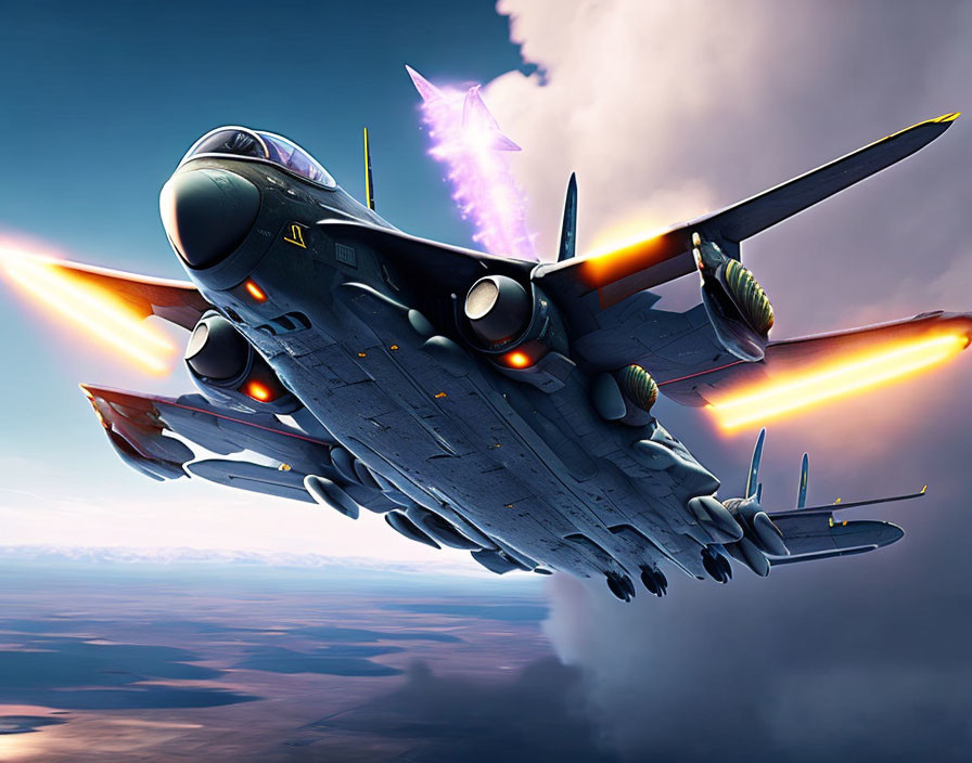 Digital artwork of a fighter jet firing missiles in high-speed flight