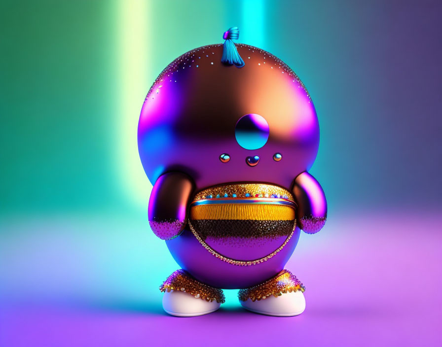 Shiny purple donut character with sparkles on colorful background