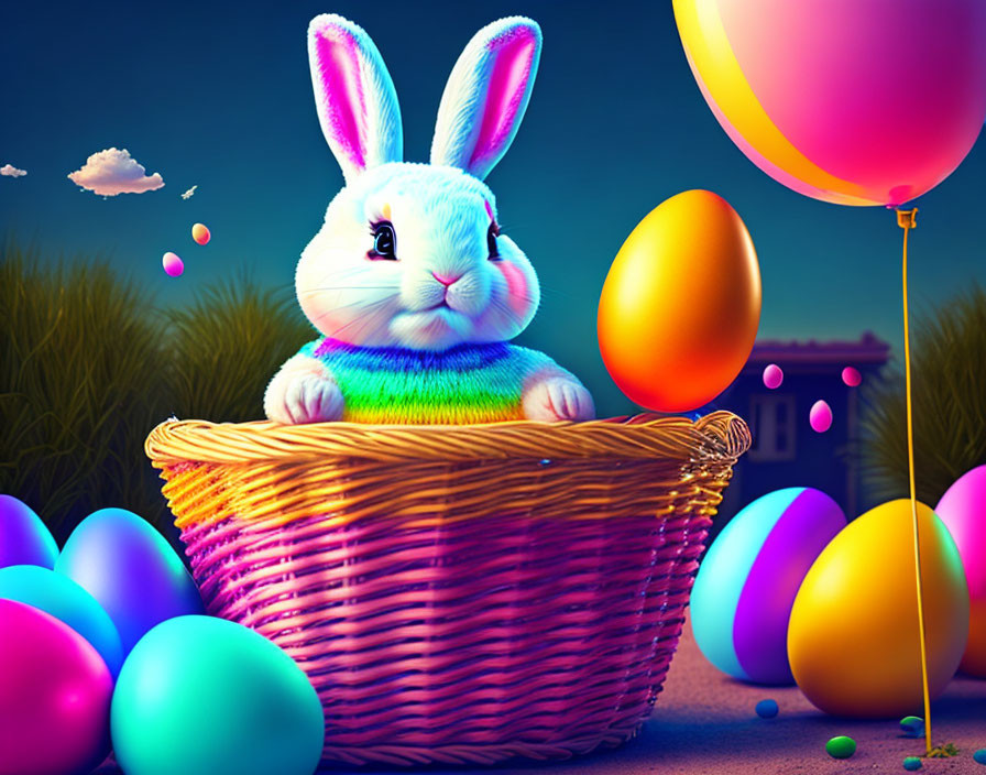 Vibrant Easter Bunny Illustration with Eggs and Balloon