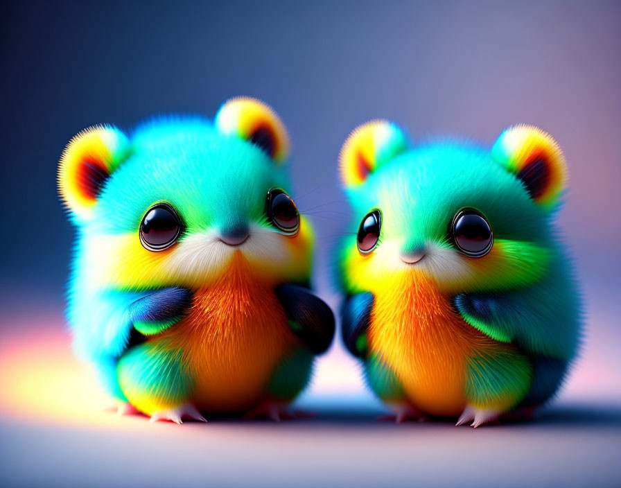 Colorful fluffy creatures with big eyes on soft gradient background