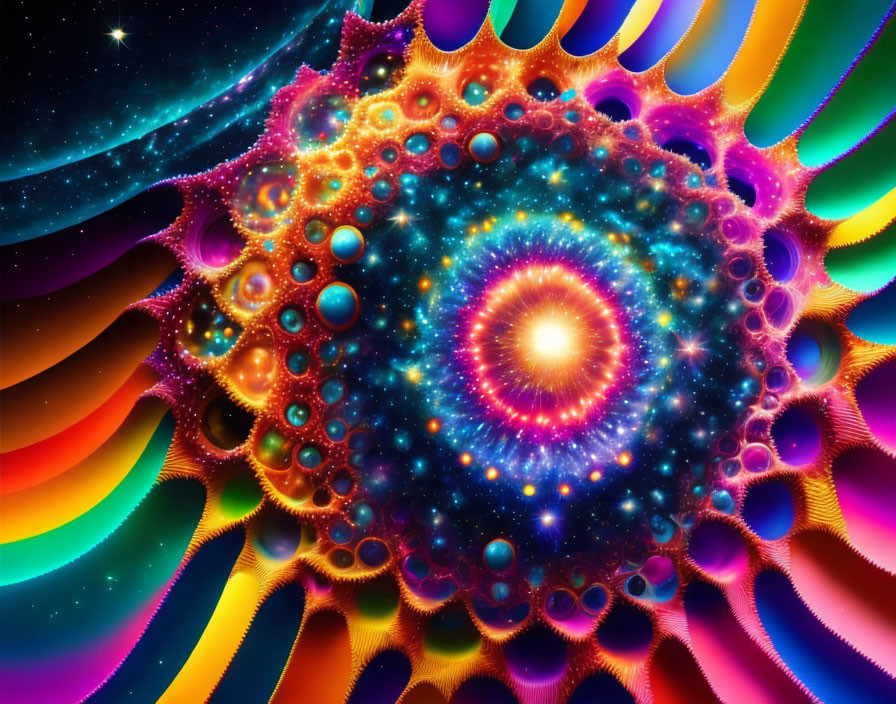 Colorful psychedelic fractal with swirling patterns and glowing central spiral