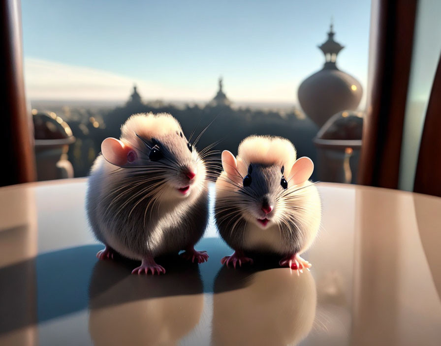 Animated mice with large eyes on wooden surface with domed architecture.