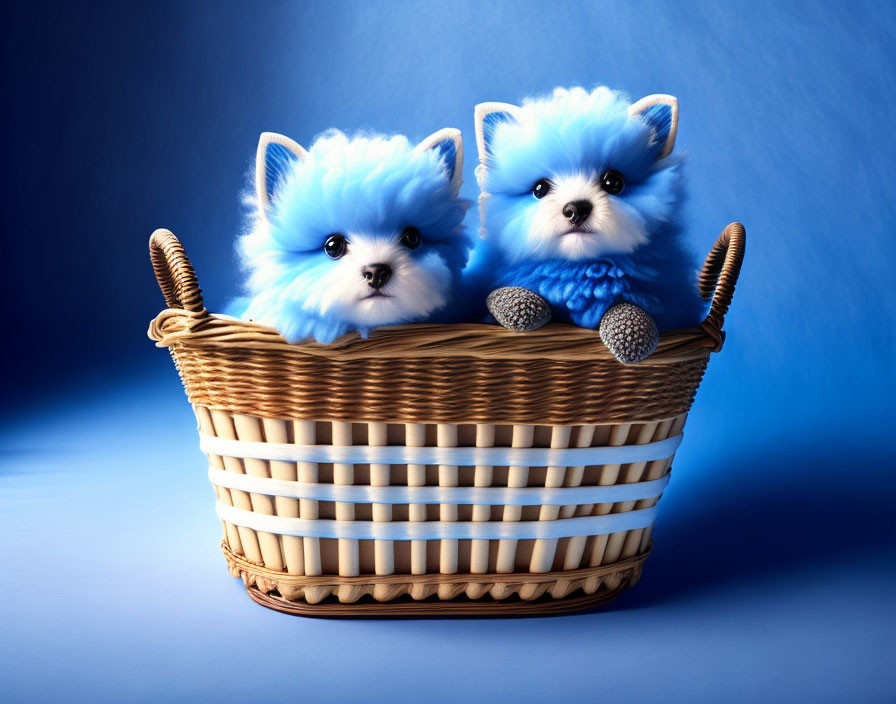 Blue Fluffy Pomeranian Puppies in Wicker Basket on Blue Background