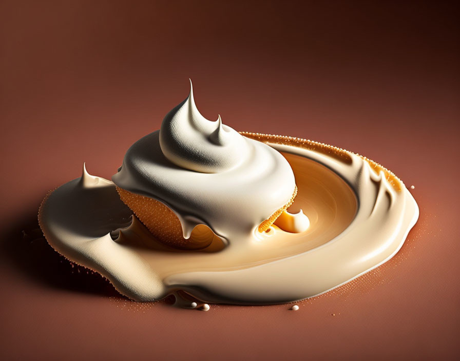 Creamy white topping with golden caramel drizzle on warm brown background