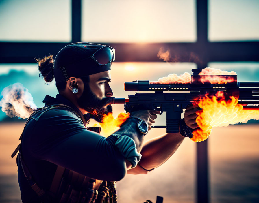 Bearded man in tactical gear firing rifle indoors