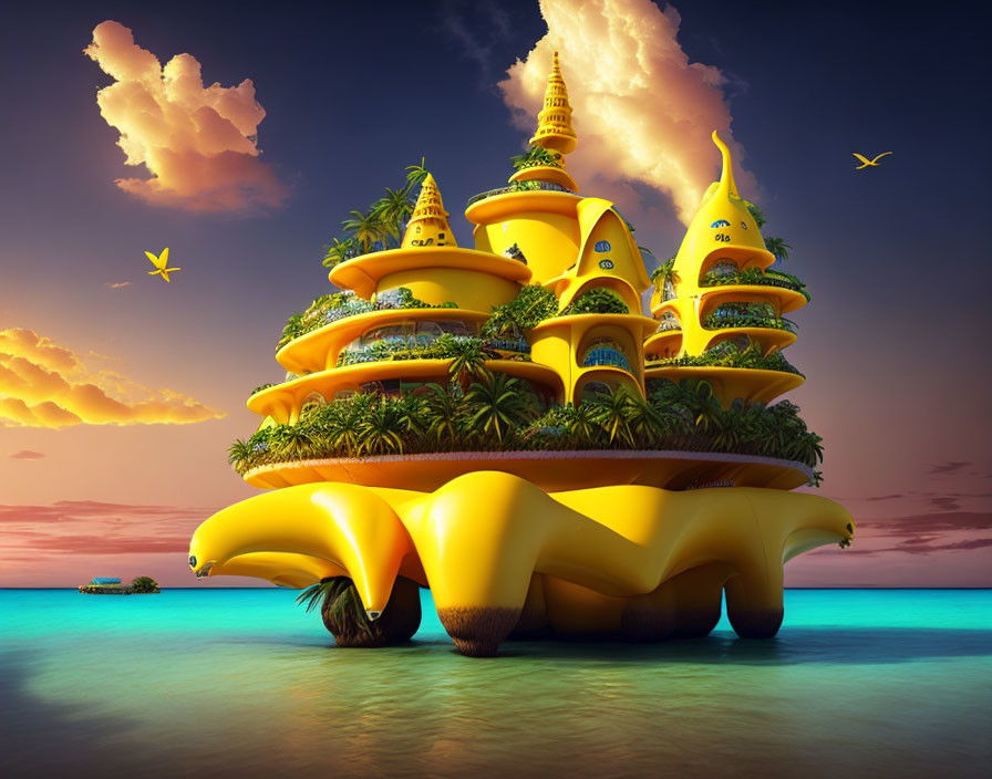 Colorful illustration: Fantastical island with banana-shaped structures and golden domes in serene ocean at