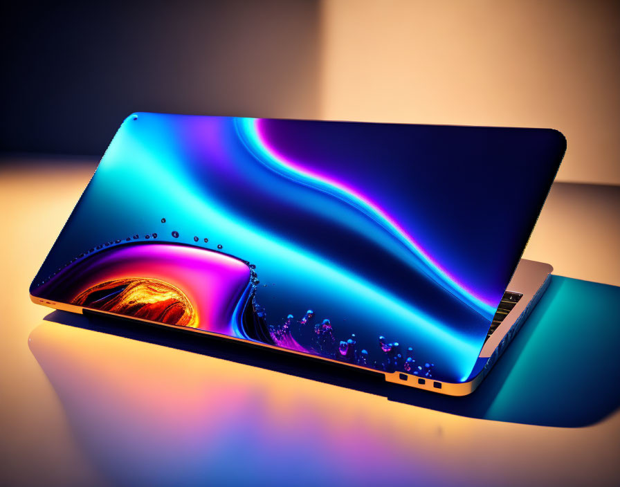 Colorful abstract wallpaper on sleek laptop screen against gradient background