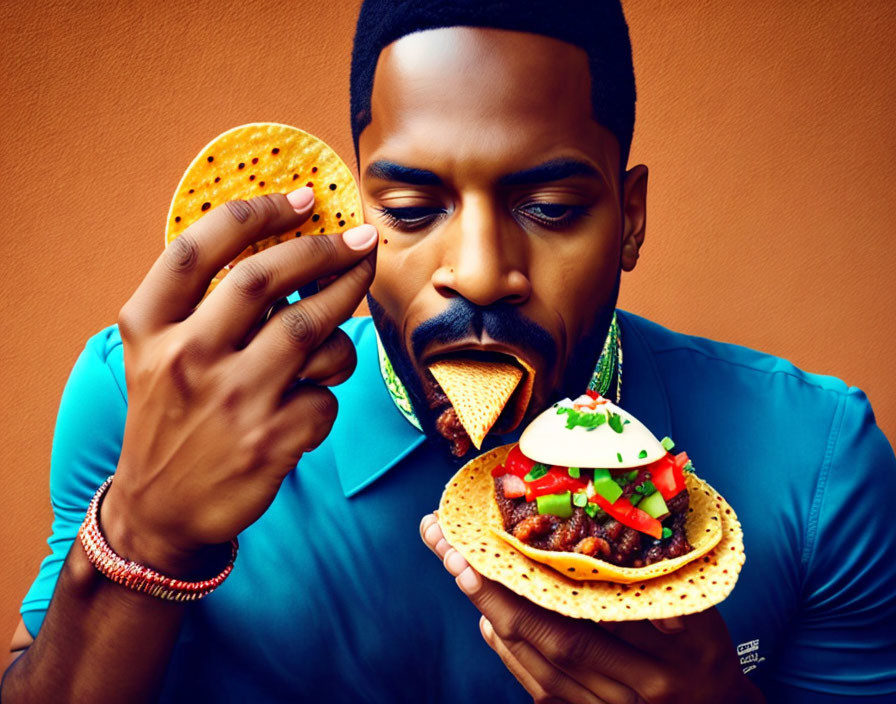 Man in Blue Shirt Sniffing Taco with Large Biscuit on Orange Background