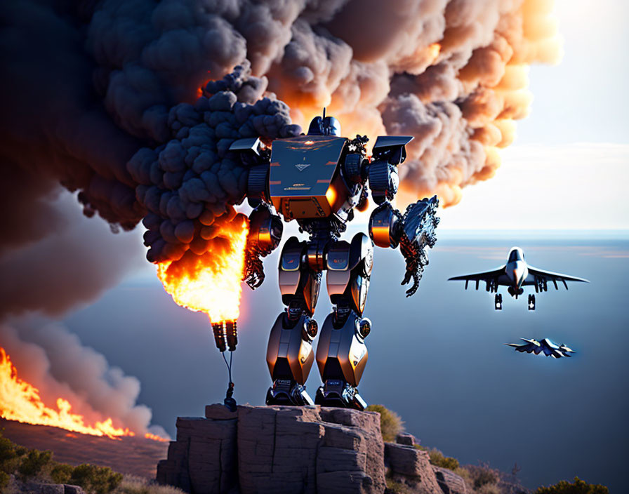 Futuristic robot with weapons on cliff as fighter jets approach