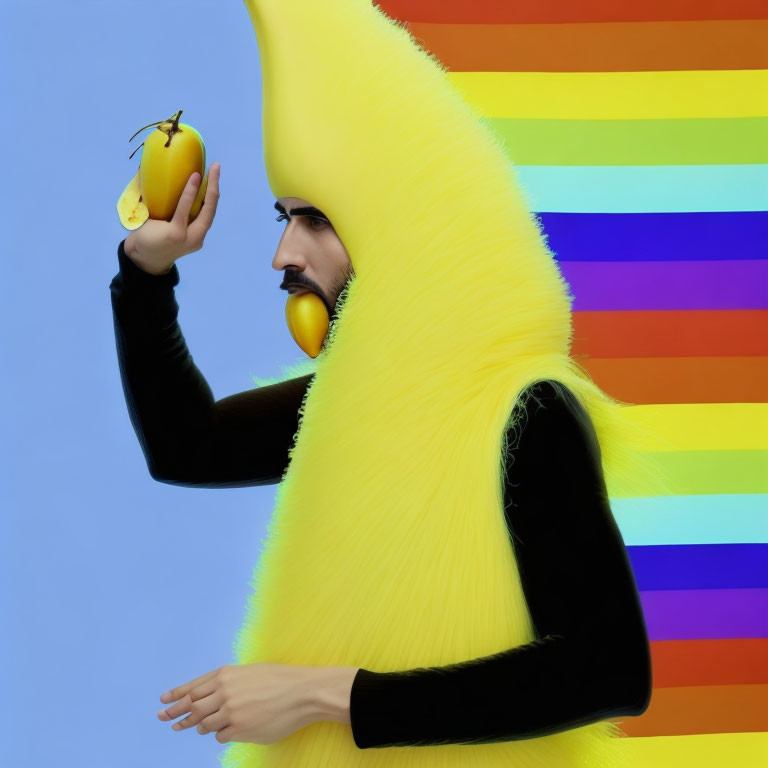 Person in yellow banana costume holding banana against rainbow backdrop