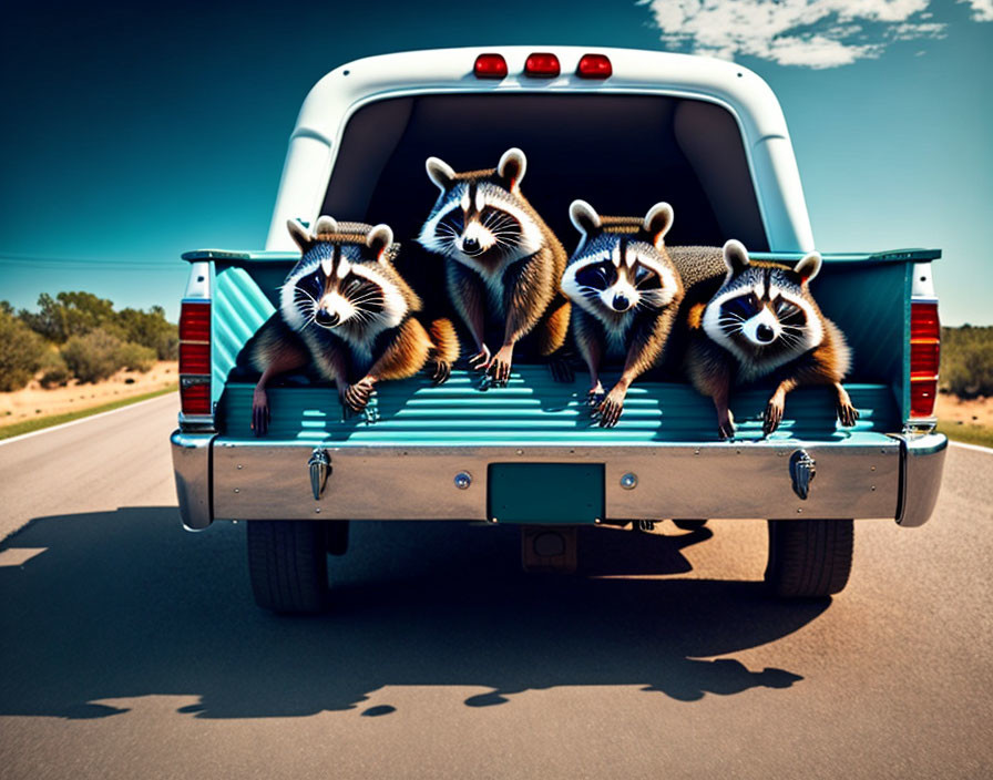 Four raccoons on pickup truck under clear blue sky