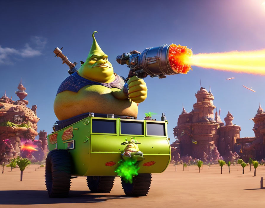 Green ogre with flamethrower on face-shaped vehicle in desert cityscape.