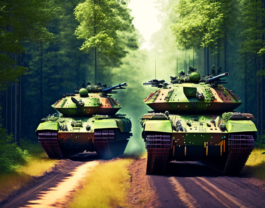 Camouflaged tanks moving through forest road with green trees.