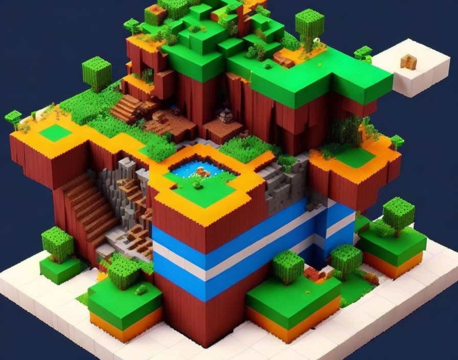 Digital artwork: Voxel-style floating island with Earth-like layers, trees, and waterfall