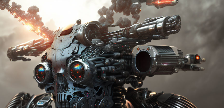 Menacing robot with red eyes and heavy artillery in smoky setting