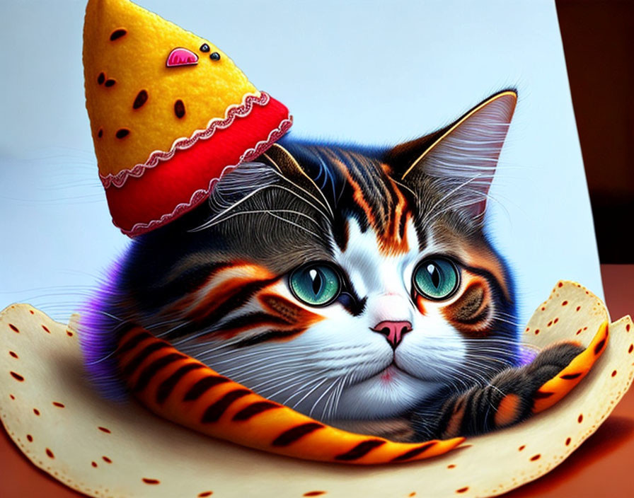 Colorful cat illustration with expressive eyes in sombrero hat scene