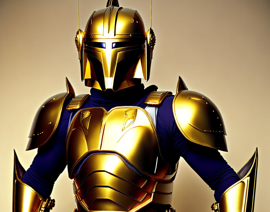 Shiny Armored Figure with Golden and Blue Plates and T-Shaped Visor