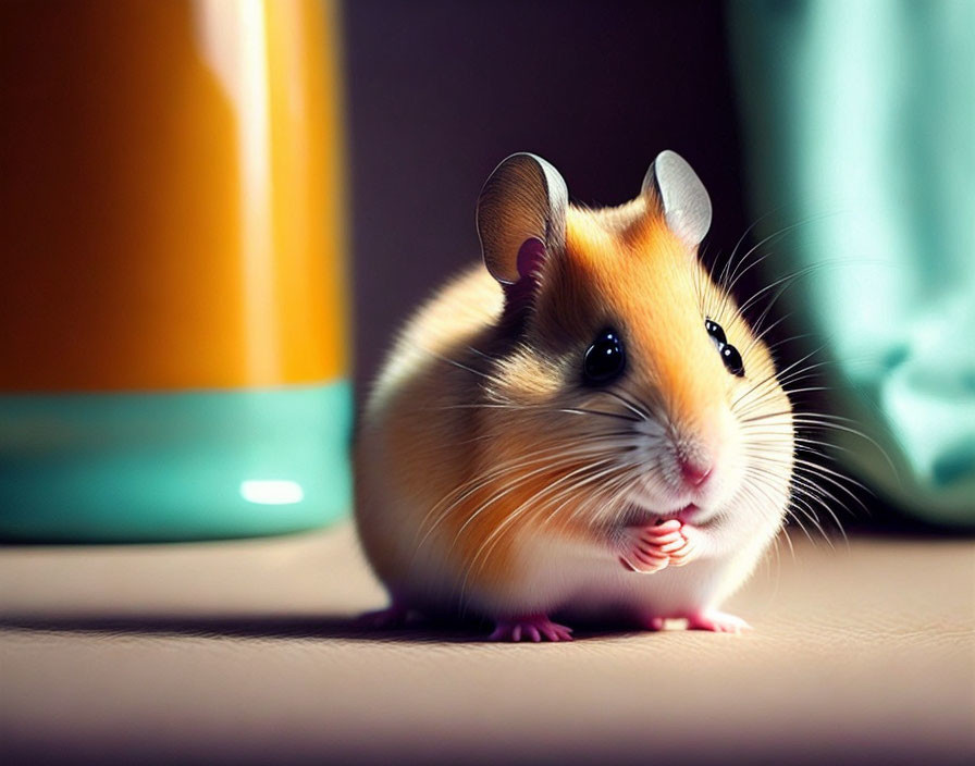 Curious hamster on smooth surface with soft lighting and blurred background vase