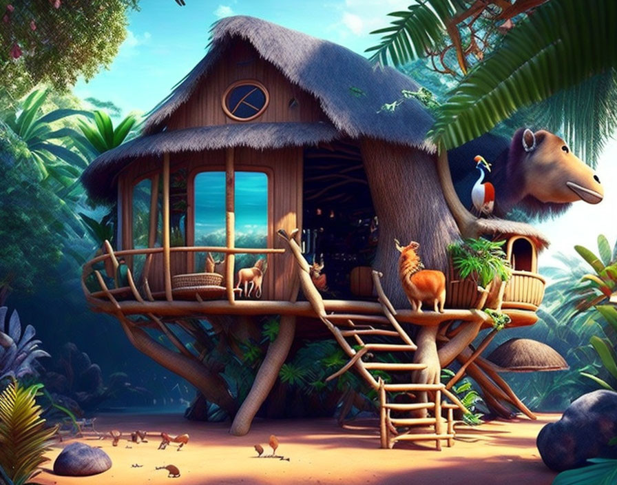 Colorful Jungle Treehouse with Exotic Animals and Lush Foliage