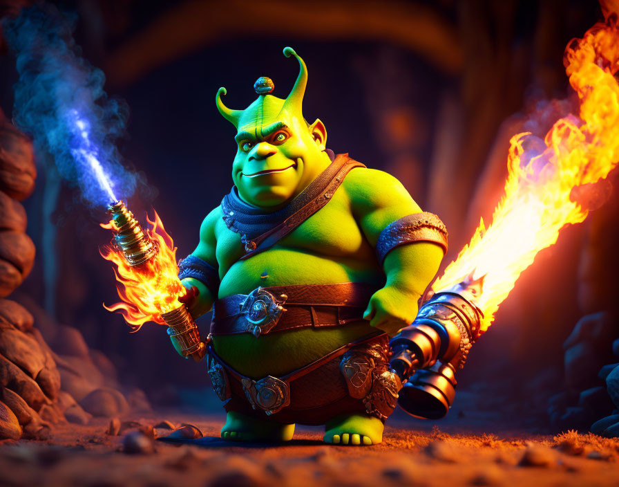 Muscular green ogre with mohawk holding torch in cave.