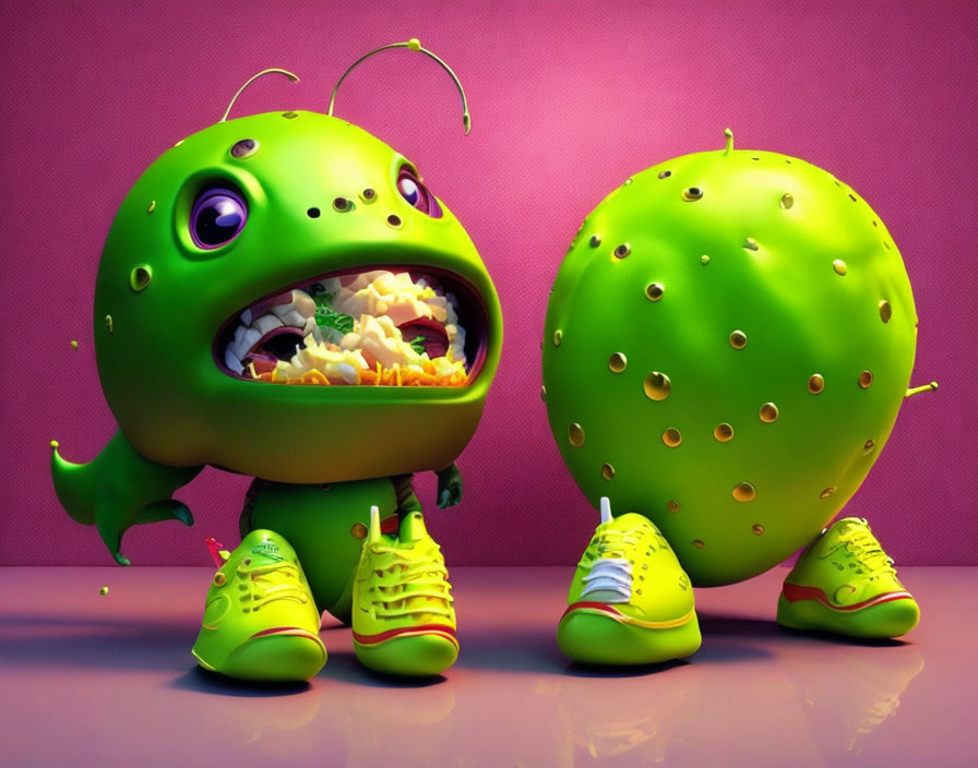 Green Cartoon Monster with Antennas and Yellow Sneakers Revealing Food Next to Textured Ball