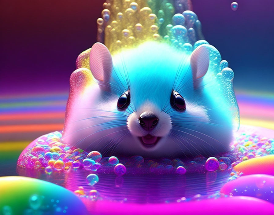 Colorful cartoon blue hamster with glossy eyes in soap bubble surrounded by rainbow.