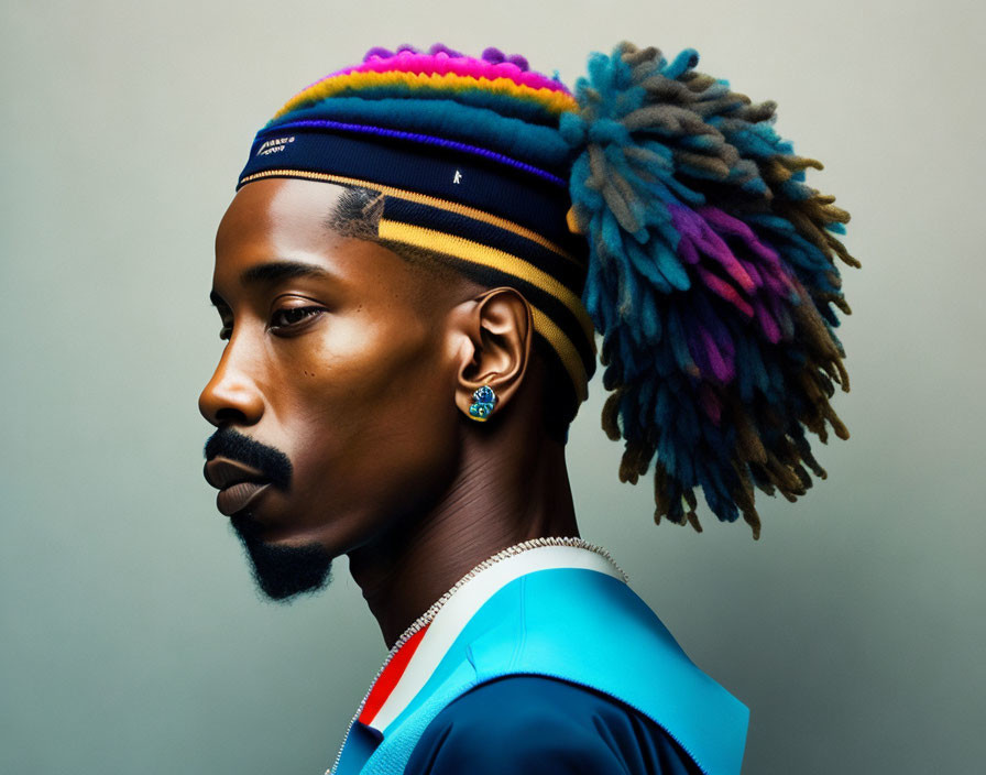 Colorful Dreadlocked Person with Headband and Sporty Jacket Profile View