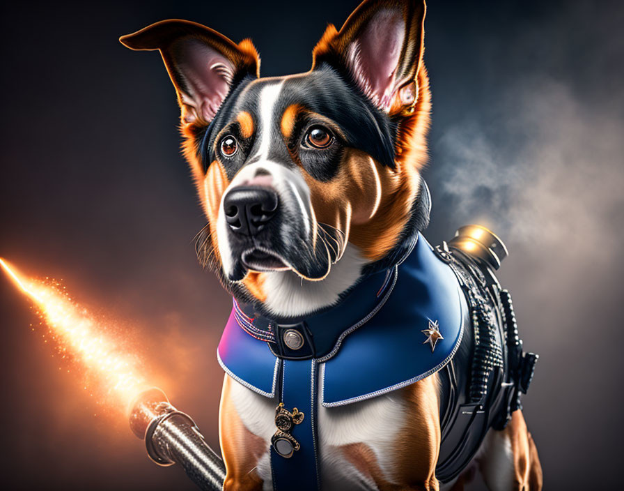 Digitally altered image: Dog in futuristic blue harness with flamethrower