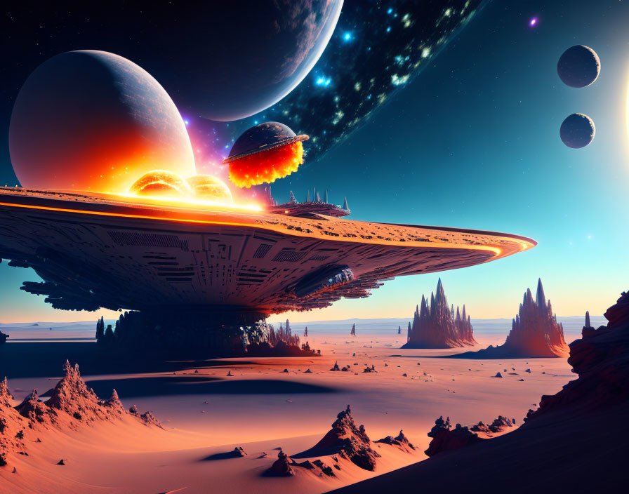 Large Spaceship Hovers over Desert Landscape with Alien Planets at Sunset