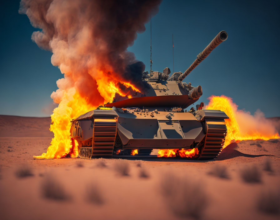 Flaming tank in desert with billowing smoke