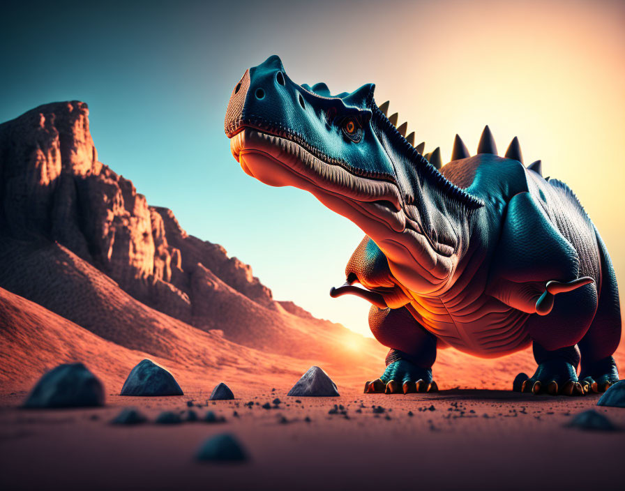 Computer-generated dinosaur in desert landscape with rocky terrain and warm sunset sky