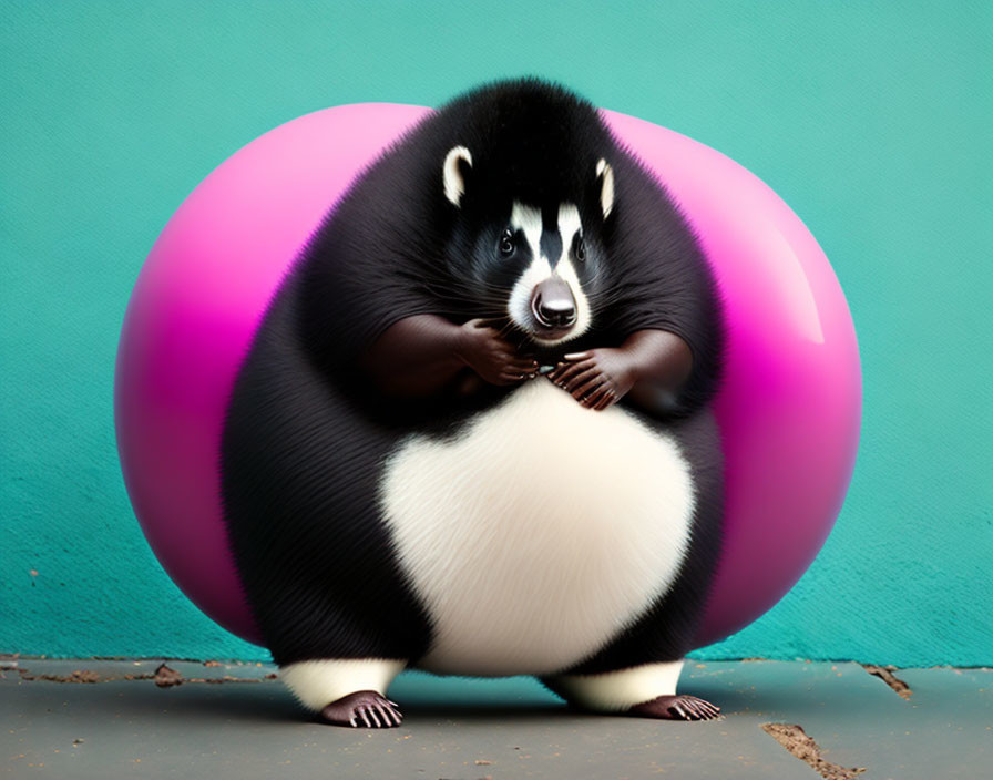 Exaggeratedly large skunk against teal wall and vibrant pink background