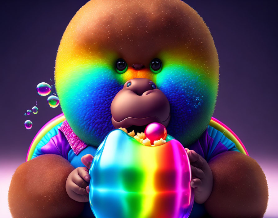 Colorful Animated Gorilla Eating Glowing Food in Rainbow Aura