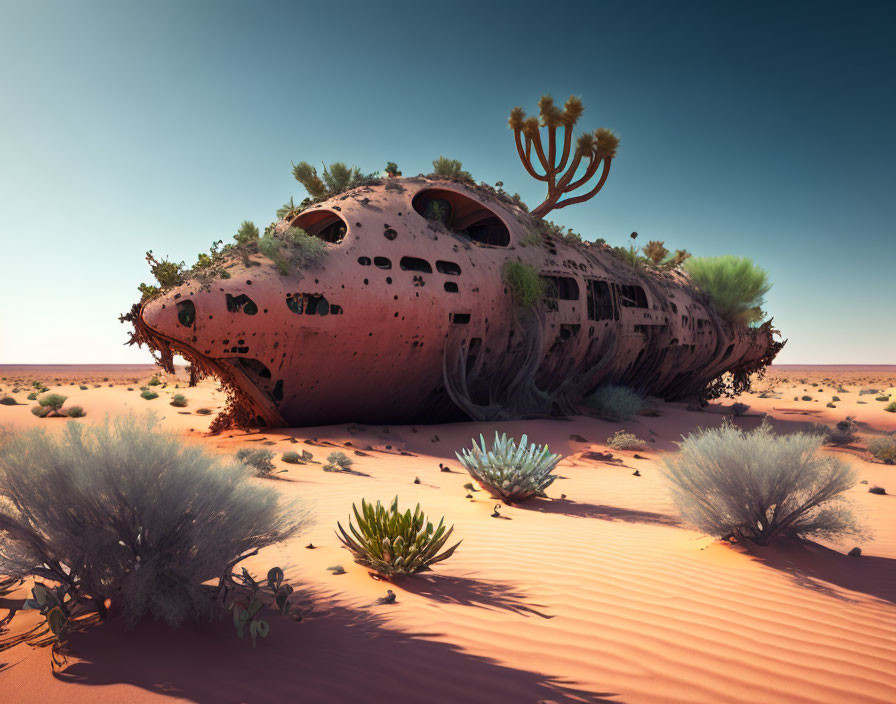 Abandoned airplane wreckage in desert landscape