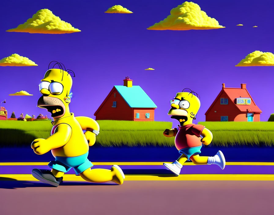 Animated characters resembling Homer and Bart Simpson running in rural landscape.