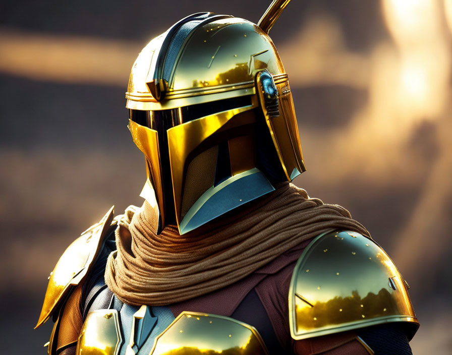 Person in Reflective Gold and Blue Armor with Helmet on Blurred Background