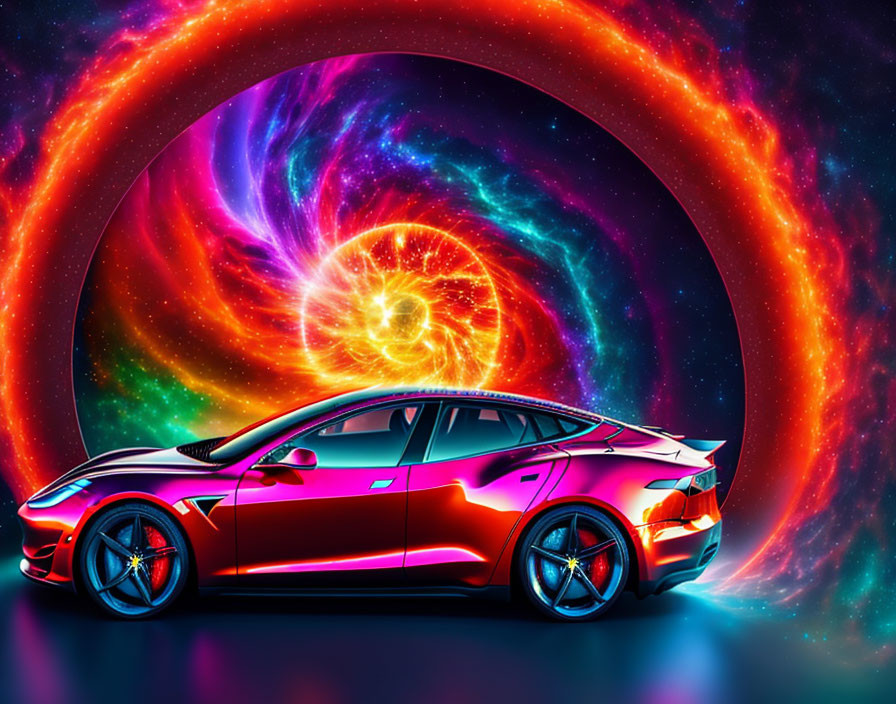 Red Futuristic Sports Car in Galactic Nebula Backdrop