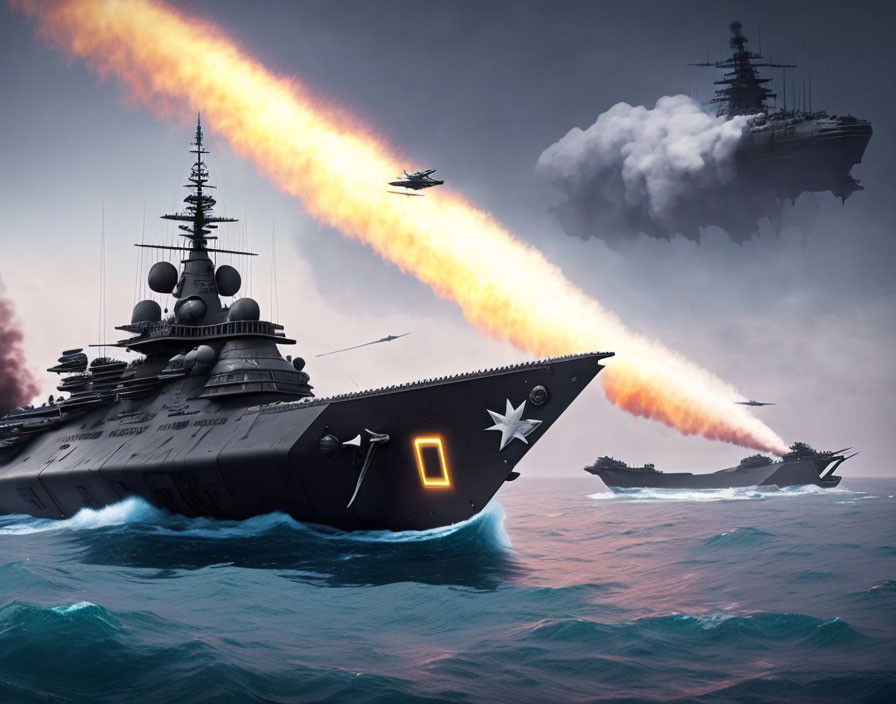 Futuristic battleships and jets in stormy sea battle