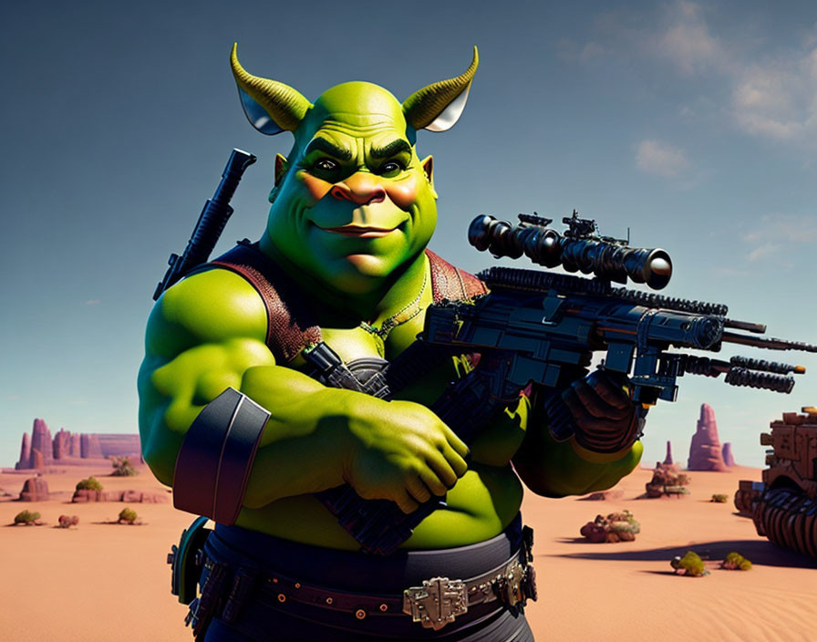 Green ogre with horns holding sniper rifle in desert landscape.