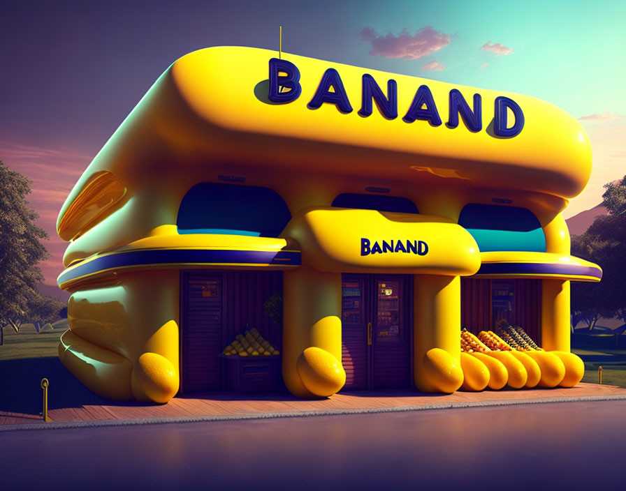 Unique Banana-Shaped Building "BANAND" with Large Windows and Doorways at Dusk