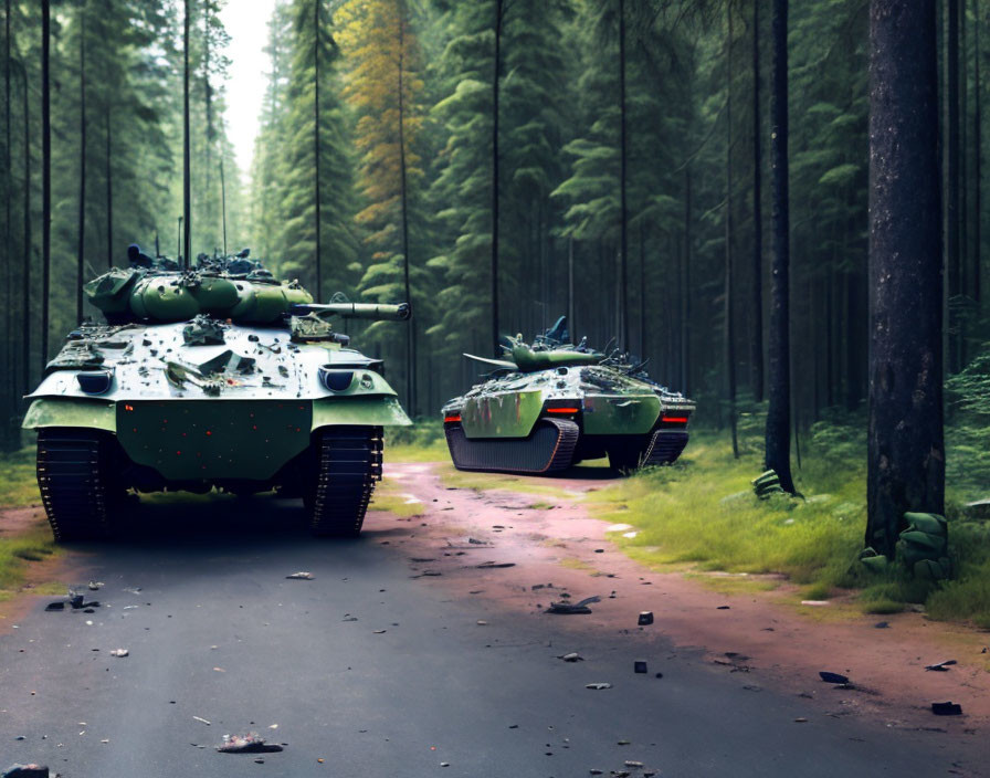 Military tanks on forest road with trees: a serene yet powerful scene